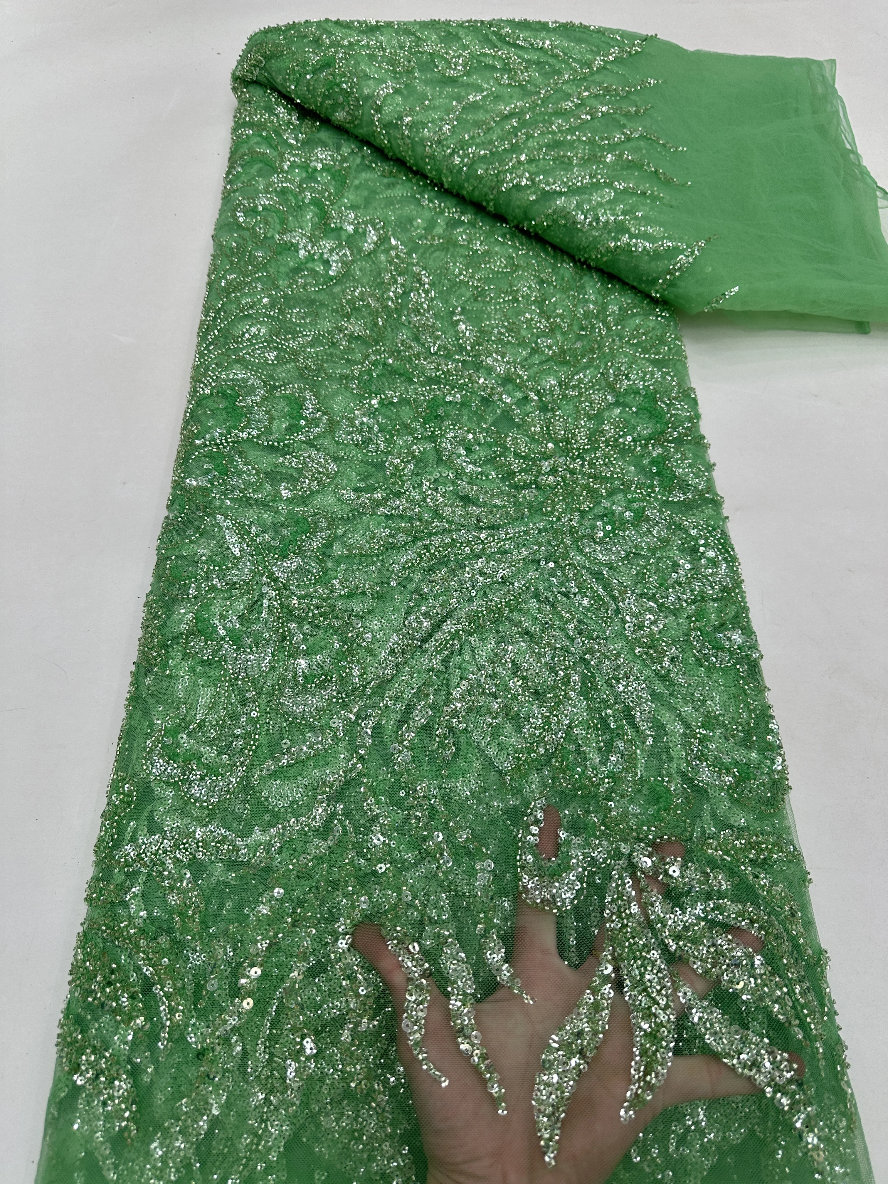 

Luxury Green Sequin Tube Beads Lace Fabric For Wedding 2024 New Design French African Tulle Mesh Lace For Evening Dress