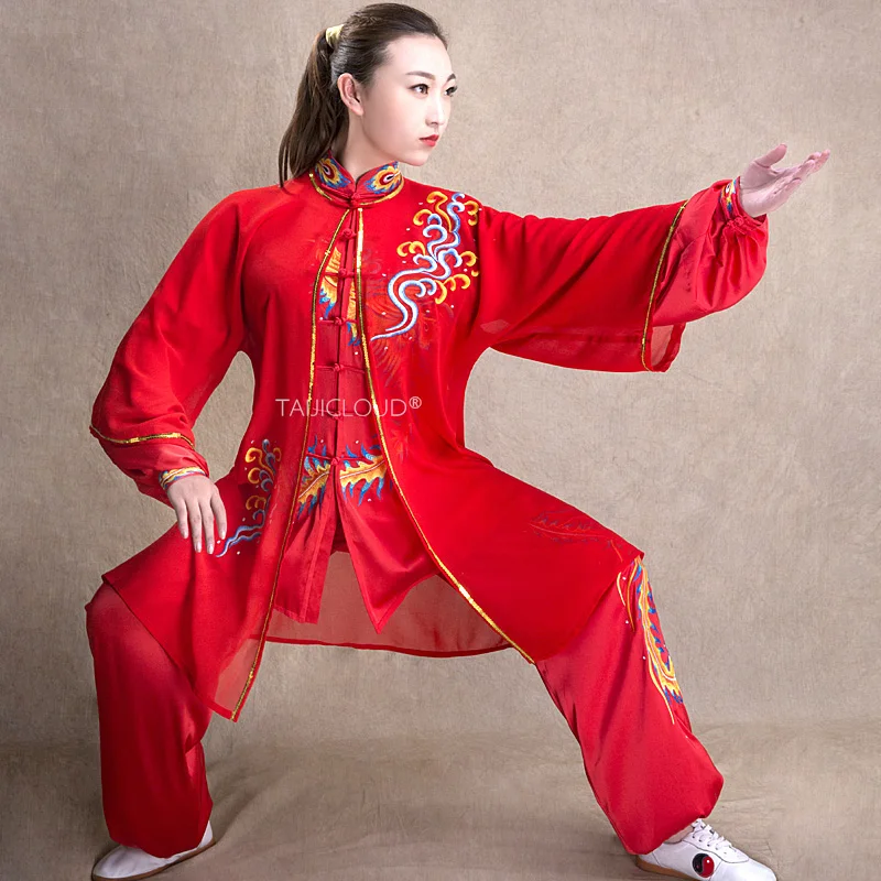 Women's Tai Chi Performance Costume Handcrafted Phoenix Cloud Embroidery 3Piece Martial Arts Shawl Set Traditional Chinese Style