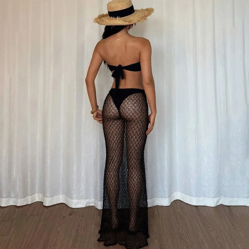 YUZHEXI بدلة مطابقة للشاطئ من الدانتيل على شكل نجم البحر 2025 ملابس نسائية مثيرة بدون ظهر براليت علوي وفستان شفاف طقم مكون من قطعتين أبيض