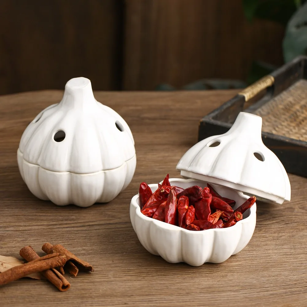 

Hollow Ginger and Garlic Storage Jar Irregular Shape Storage Box Ceramic Storage Jar Ceramic Bamboo Cover Box Kitchenware