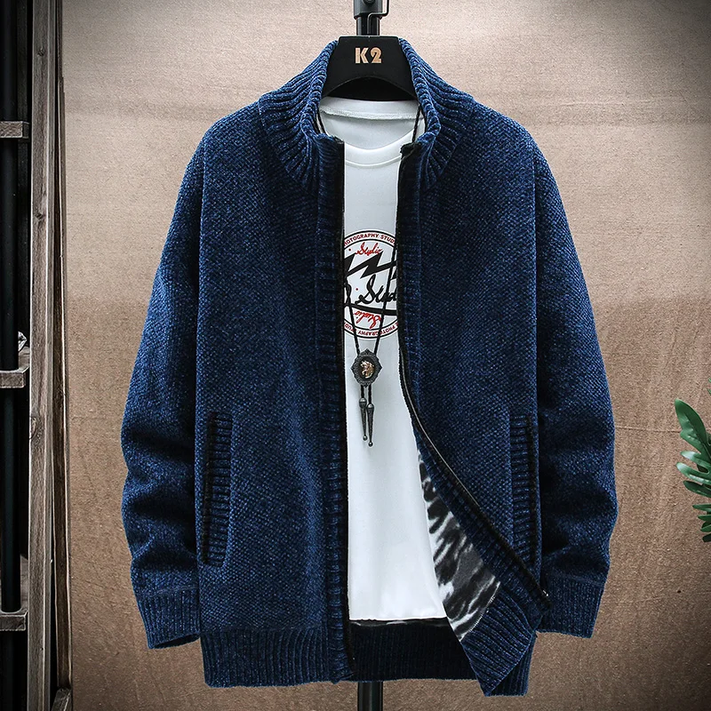 Winter Knitted Sweaters Stand Up Collar Cardigan Men's Casual Jacket Solid Color Wool Sweater Male Comfortable High-quality Coat