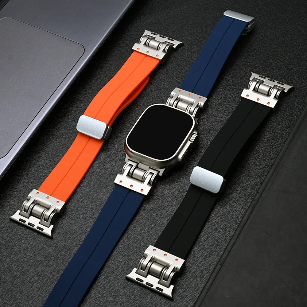 Спортивный силиконовый браслет для Apple Watch Ultra2 49 мм 10 46 мм, мягкий ремешок с магнитной пряжкой для iWatch Series 9 8 7 6 5 45 мм 44 мм
