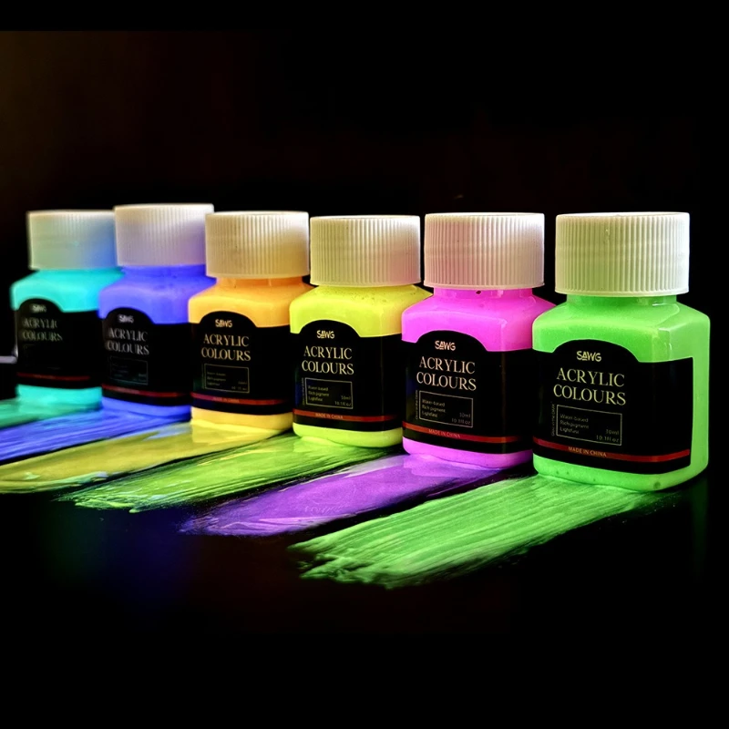 30ml Glow In Dark Acrylic Paint Set Fluorescent Pigment for Textile Glass DIY Hand Painting Graffiti Watercolor Craft