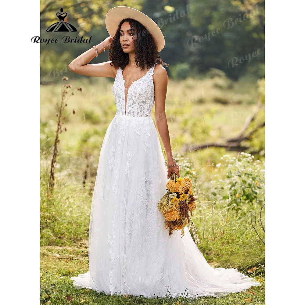 Roycebridal profondo scollo A V Appliques di pizzo una linea Boho abito da sposa 2023 robe mariee abiti da sposa per le donne abito da sposa elegante