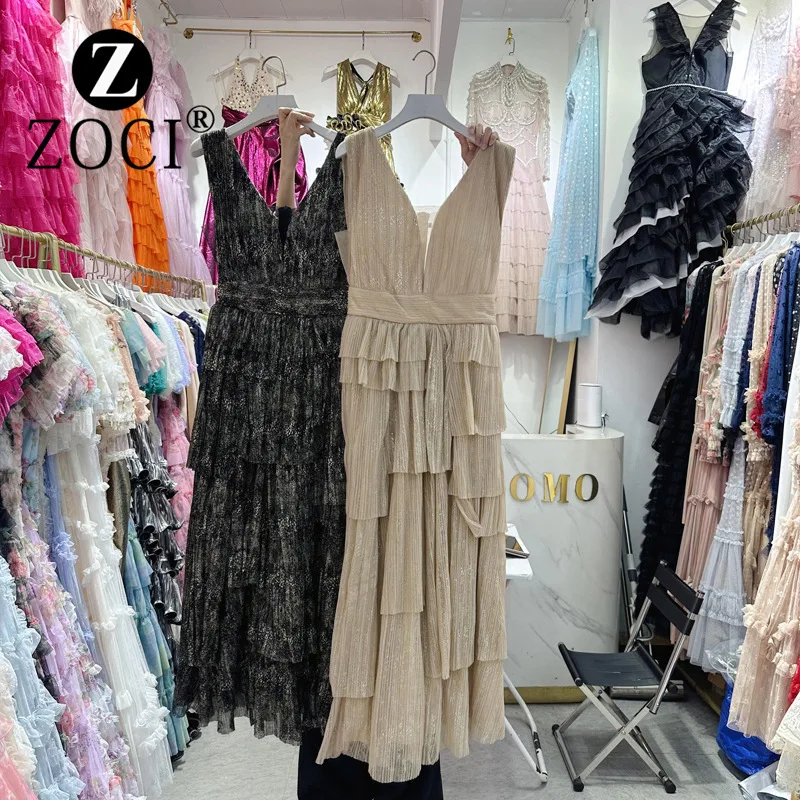 [zoci] High-end Sleeveless V-neck Solid Color Banquet Dress Gold Foil by Layer Large Swing Waist Cinching