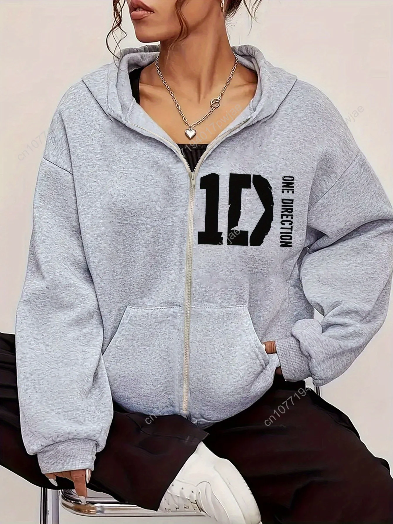 Sudadera con capucha de moda informal para mujer con letra 1D, sudadera con cremallera con estampado de gato, chaqueta de poliéster moderna para todas las estaciones con bolsillos, máquina W