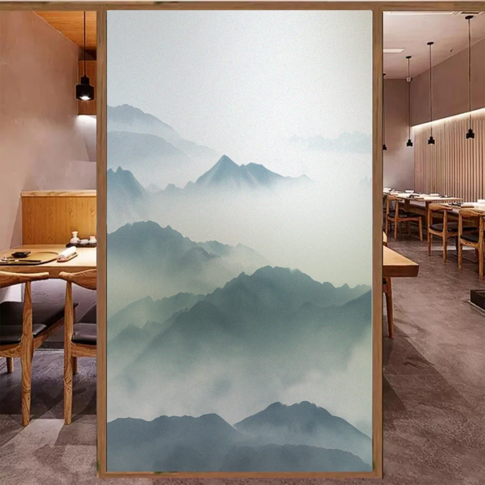 Privacy Window Film UV Blocking Heat Control Window Coverings Static Cling Foggy Mountain Pattern Glass Sticker for Decoration