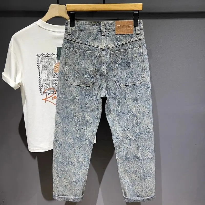 Casual American Style Men's Jeans Elastic Floral Patterned Harlan Pants Cotton Stretch Denim Youthful Trendy All-Match Long T...