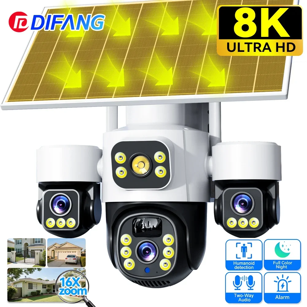 AOV 8K 15MP 4G Solar Security Camera, 3 Screen 3 Lens PTZ with 12X Zoom, Wireless Outdoor CCTV for Home Surveillance