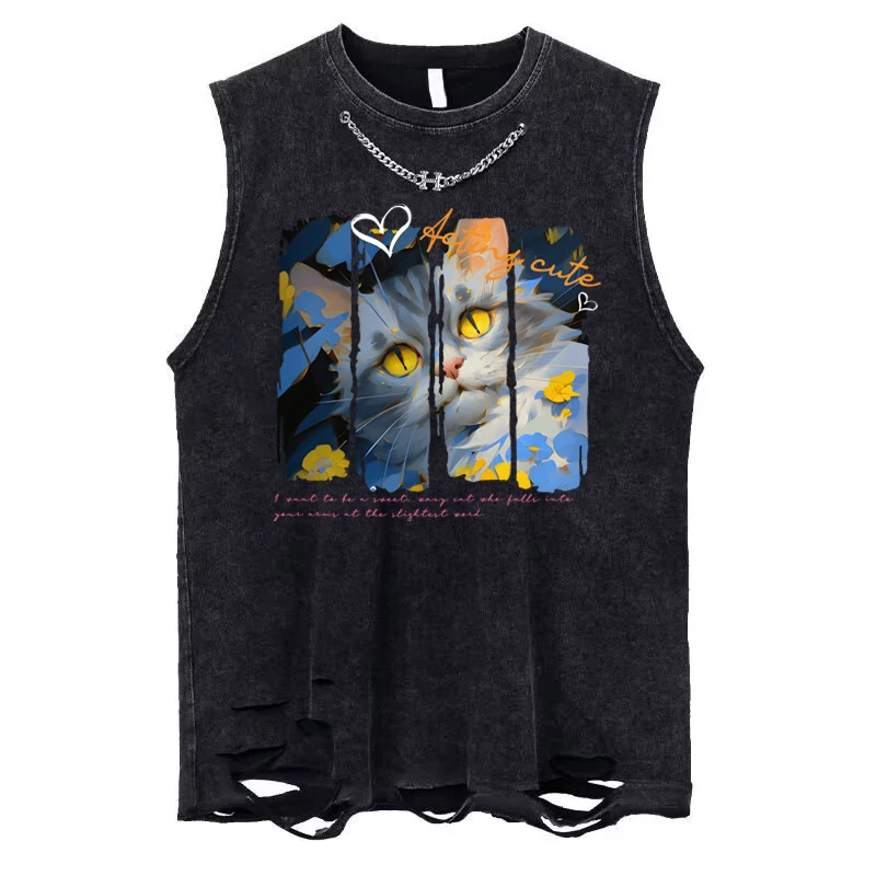 Summer Cotton Tank Tops Loose Washed Vest  Love Print Tees Tops Women Streetwear Vintage Black T Shirt Harajuku Oversized T 2024