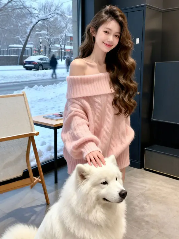 

Chic Long Sve One oulder Loose Knit Sweater Faionable Winter Top for Small Stature Women Ele Sle Ci Walk Suitable