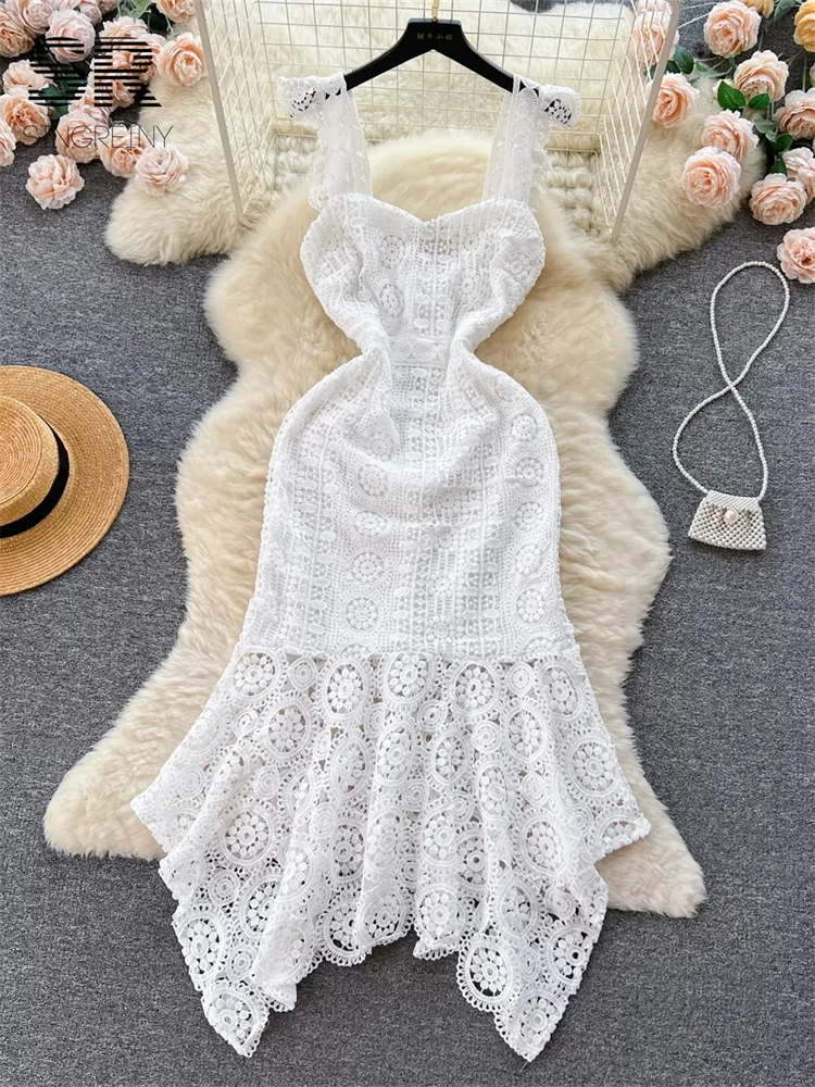 SINGREINY Hook Flower Hollow Dress Women Summer Lace Sleeveless Strapless High Quality French Style Zipper Design Strap Dress