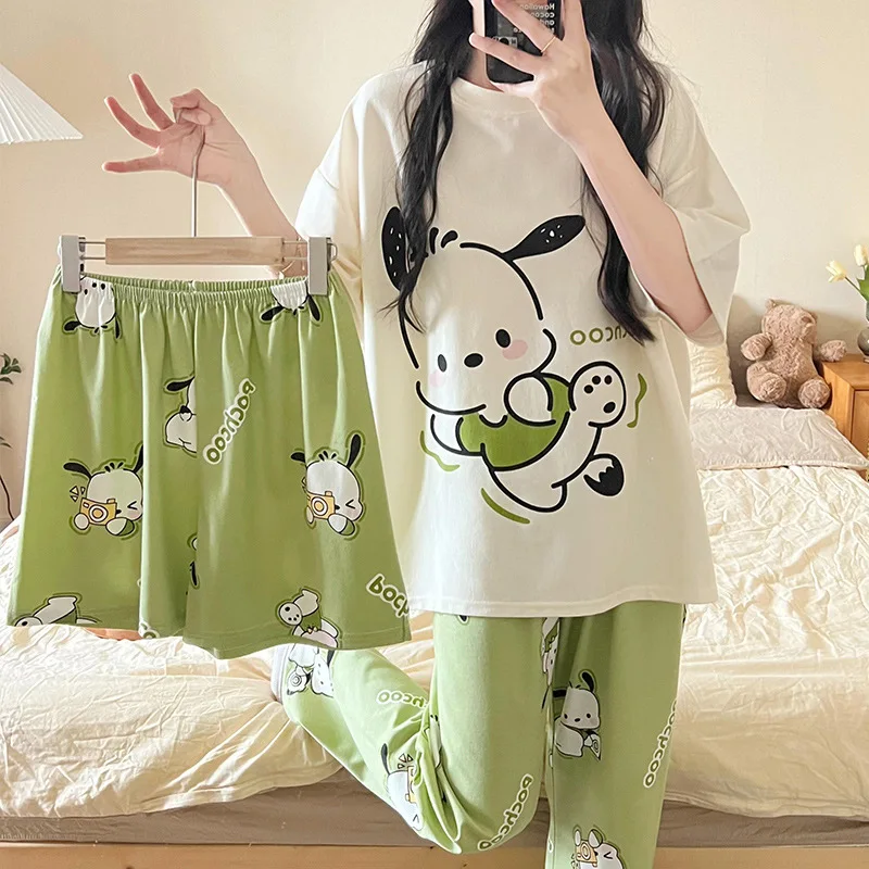 Sanrio New Pochacco Pajama Set Kawaii Hellokitty Melody Cinnamoroll Four Seasons Short-Sleeved Shorts Trousers Three-Piece Set