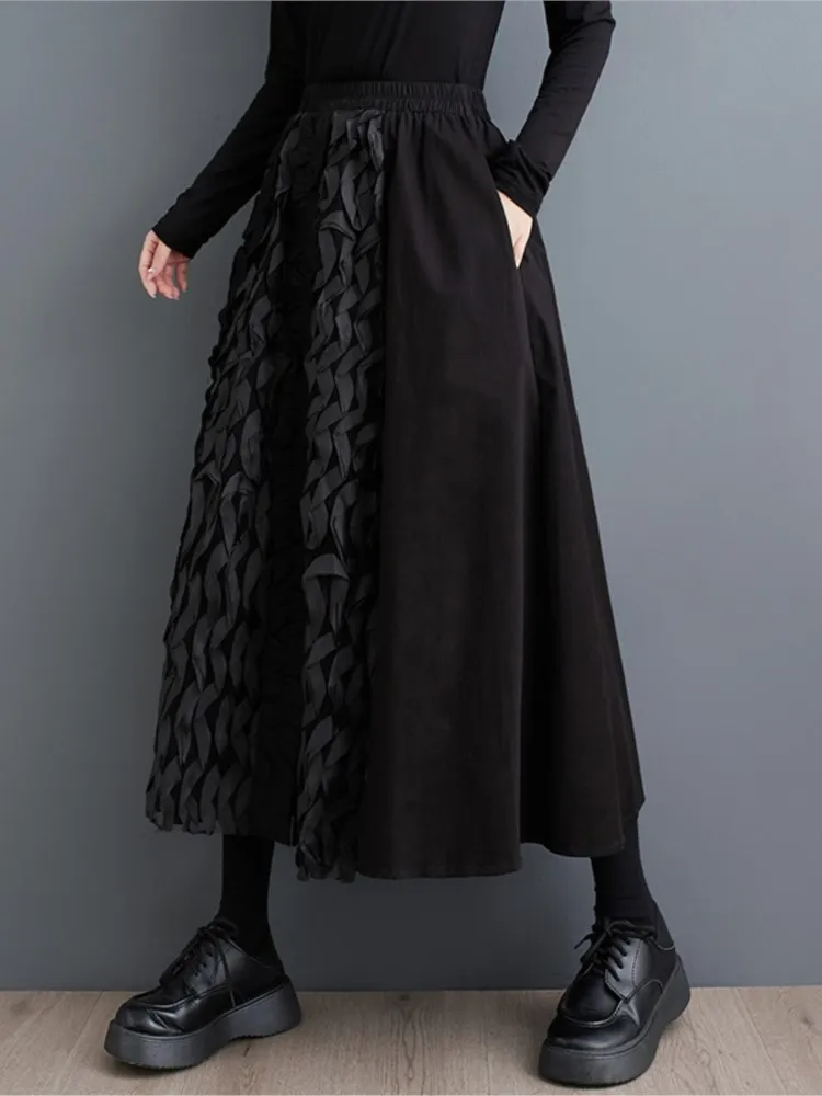 Oversized cintura alta outono saia longa feminina retalhos moda solta plissado senhoras saias casuais preto mulher saia