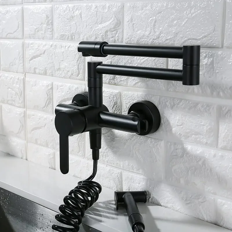 

Fodable Black Kitchen Faucets Solid Brass Kitchen Sink Mixer Tap Hot & Cold Wall Mounted With Spray Gun Rotating Sink Mixer
