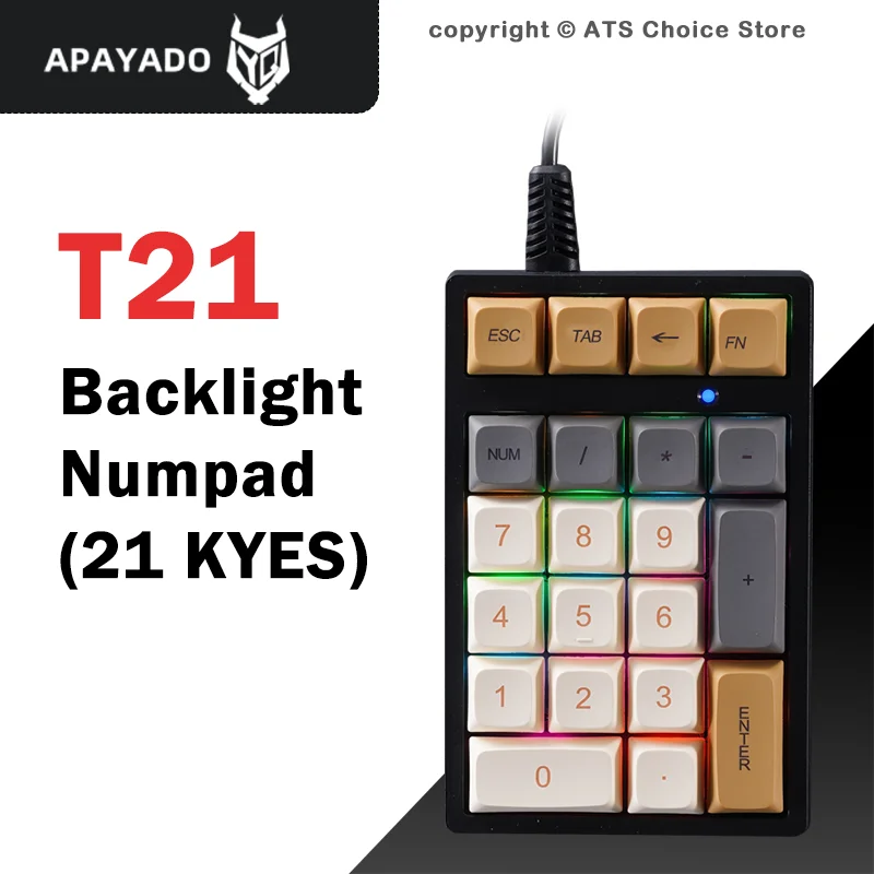 APAYADO T21 Mechanical Numpad 21 Keys Blue Switch PBT Keycaps USB Wired Backlit Numeric Keypad for Accounting Finance Treasury