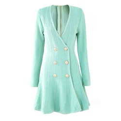 Flared Deep Cleavage Knitted Mini Dress in Sky Blue Spring Knit Mesh Stripe Dress V Neck Long Sleeve Mini High Quality Coat