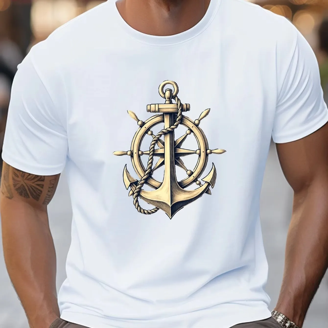 2026 Men Vintage Nautical Anchor Ship Wheel Graphic T Shirt Marine Sailor Print Short Sleeve Casual Streetwear Tee Tops