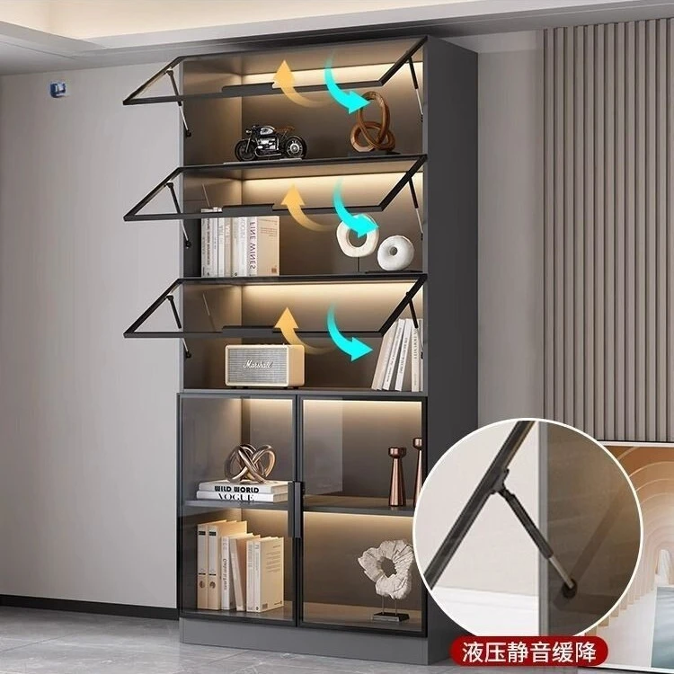 خزانة كتب ذات باب مقلوب مع ضوء عرض باب زجاجي لغرفة المعيشة المنزلية الفاخرة مدمجة بجدار كامل إلى رف الكتب العلوي Foshan