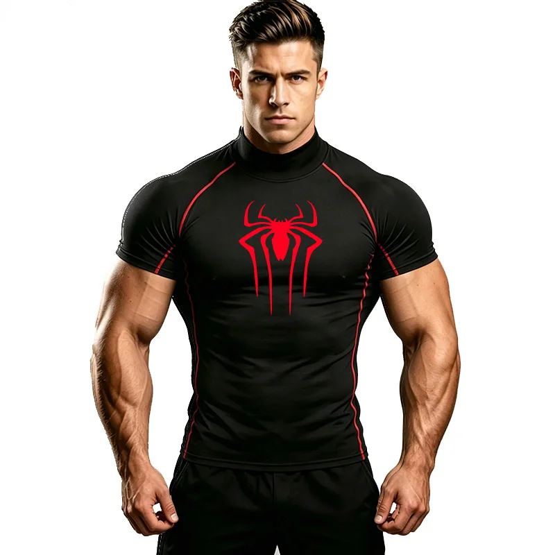 Mens Bodybuilding Sports Tight T-shirt Summer Compression Turtleneck Short Sleeve Gym Fitness Running Quick Dry Male Workout To