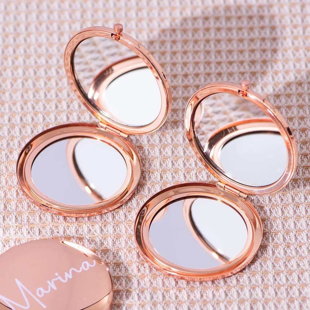 Personalized Compact Mirror Wedding Bridesmaid Gifts Custom Pocket Cosmetic Mirror Engraved Name & Logo Circle Rose Gold for Her