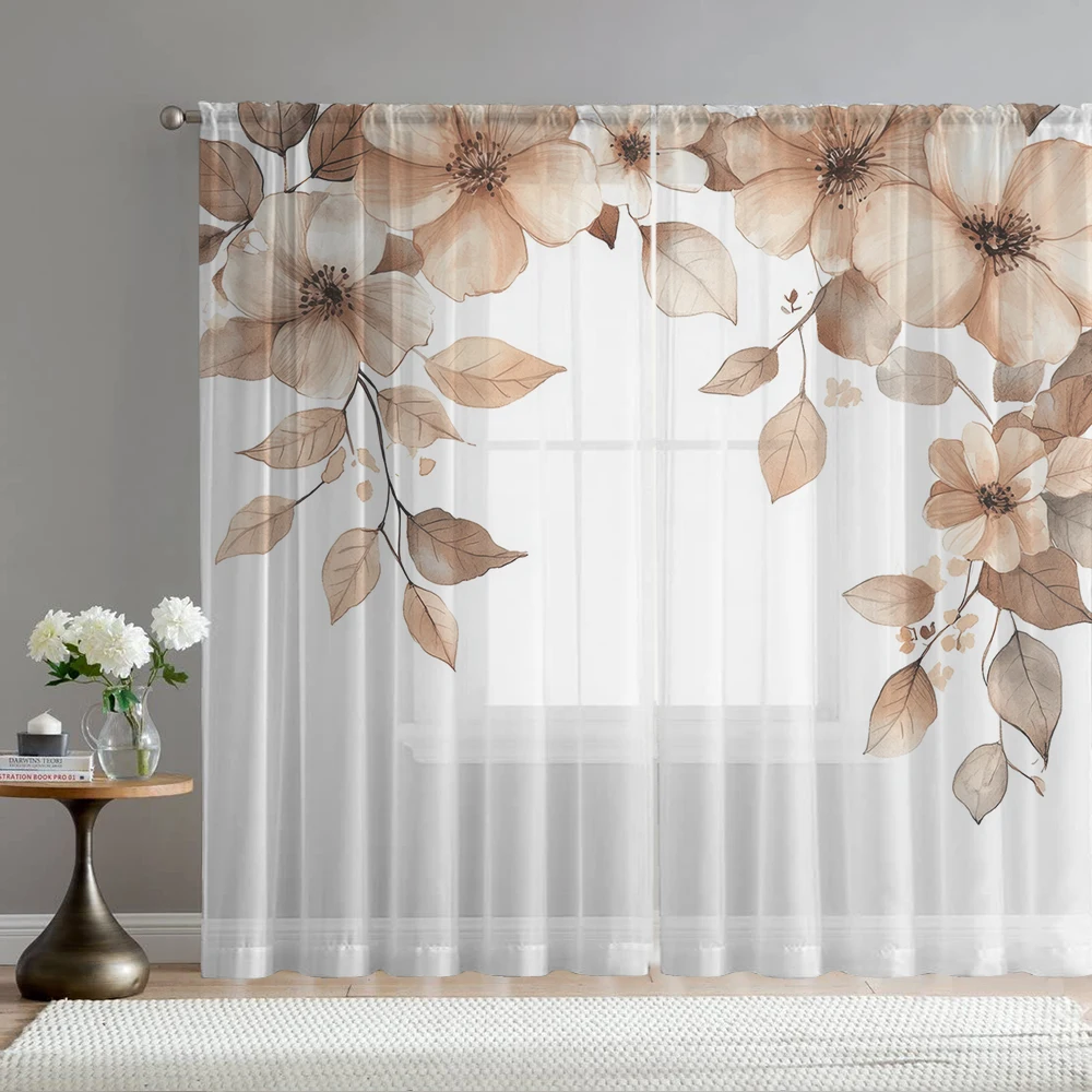 2PCS Home decoration brown leaf printed window screens with pole bags, suitable for kitchens, cafes, and living rooms