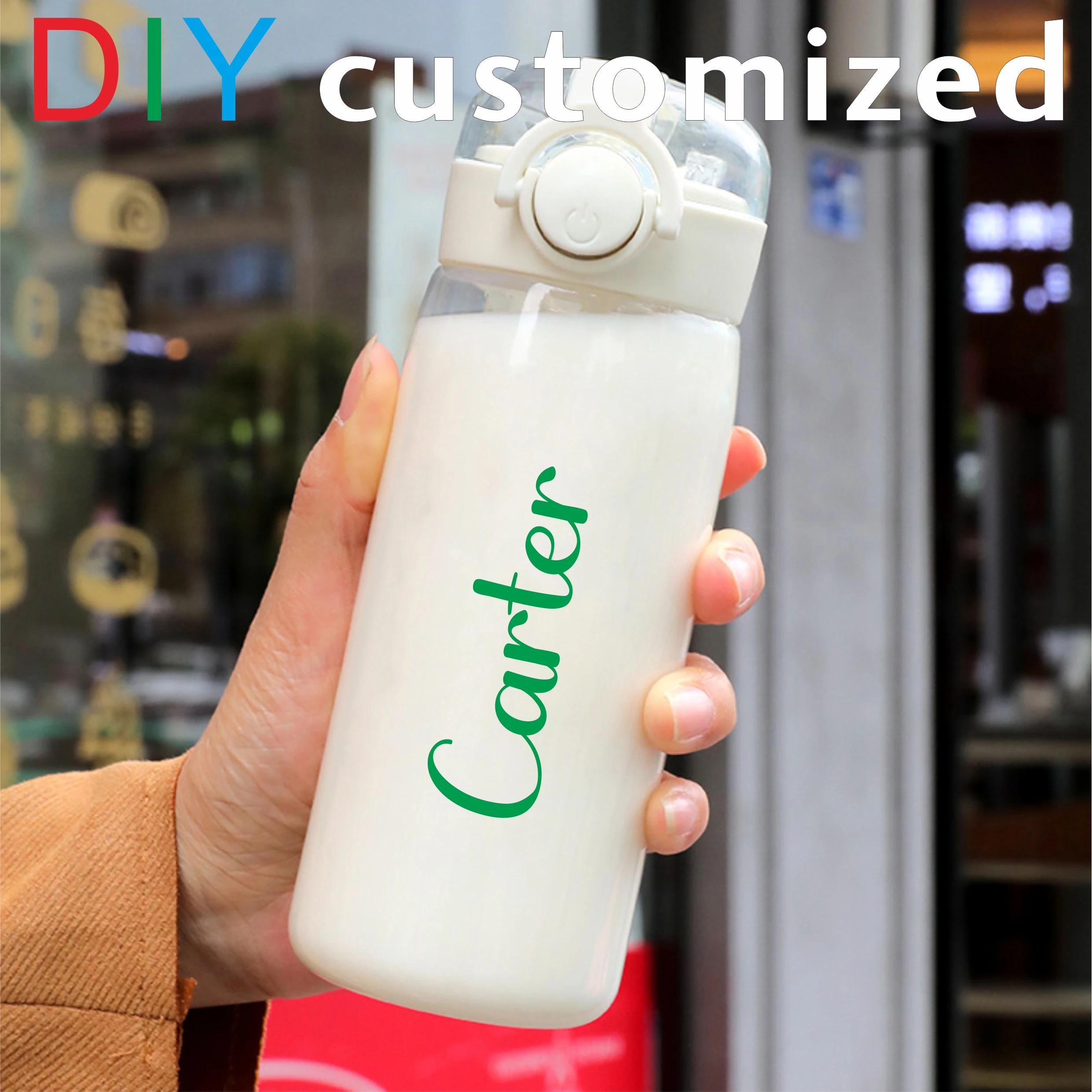 DIY 400MLSchool Bottle Plastic Customize Print Name Kid\'s Children Cup Straw Tube Ring Handle Easy Take Food Safety Material