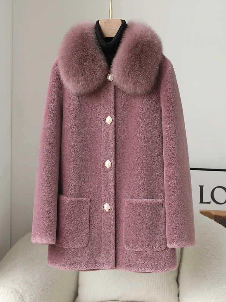 

Sheep cut velvet coat for women, medium to long, mother's clothing, fur collar, middle-aged and elderly lambskin fur coat,