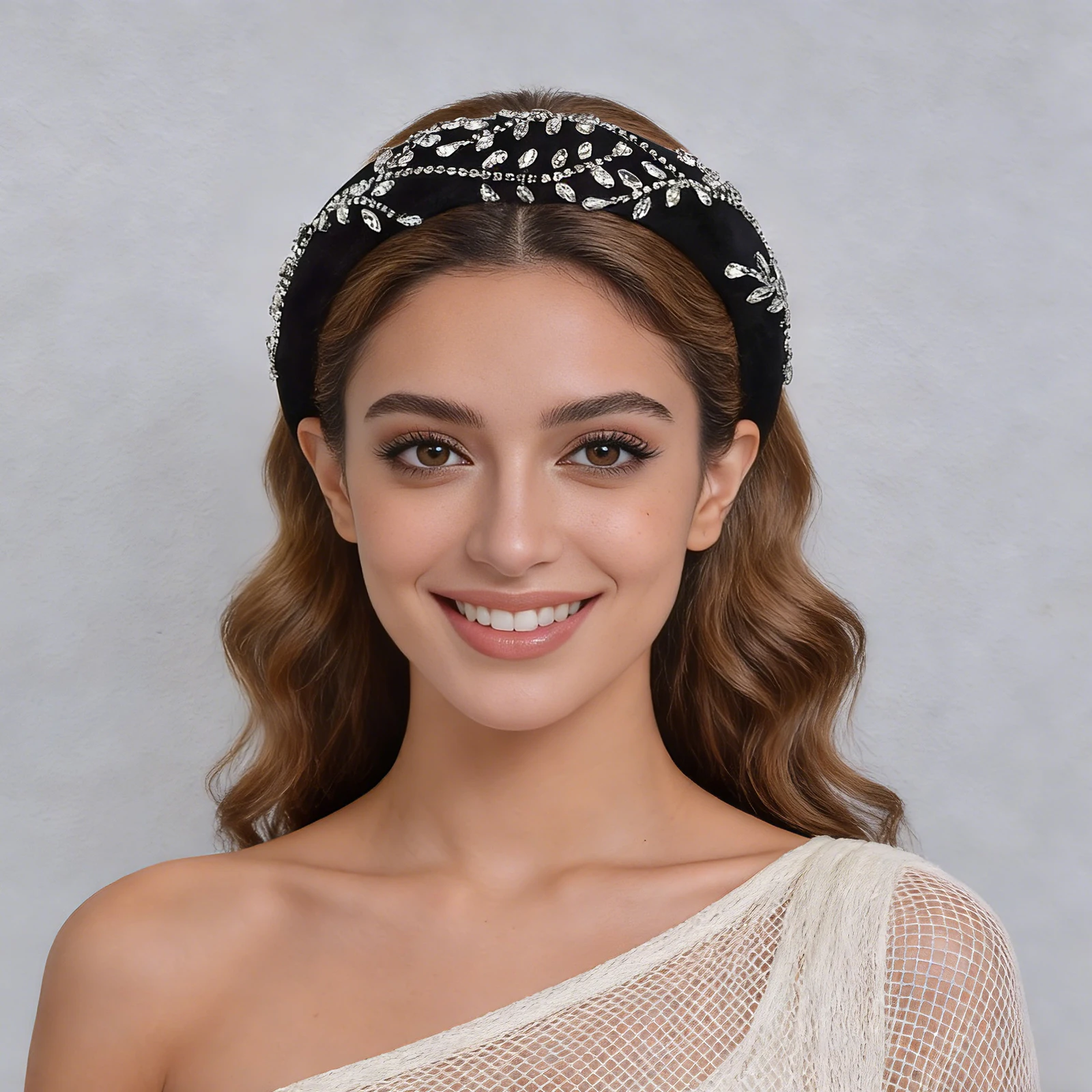 

Vintage-inspired Rhinestone Velvet Headband Versatile Wide-Band Hair Accessory Bridal, Prom, Wedding, Evening Headpiece SA61
