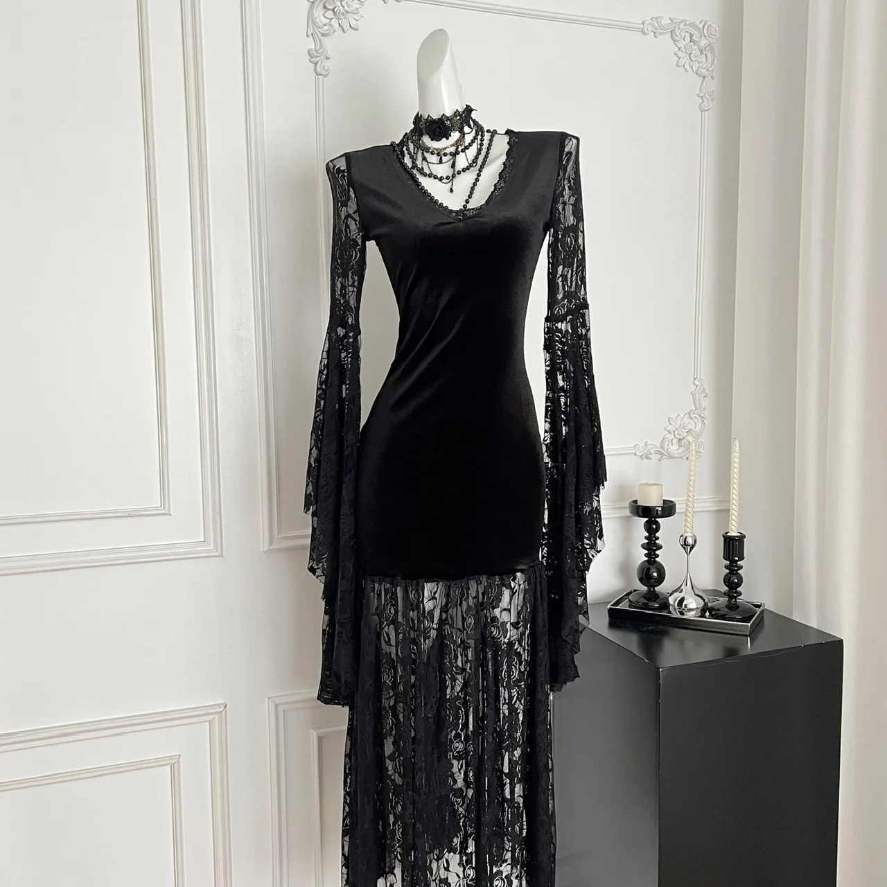 Gothic Sle Long Dr Bla Lace Hebe Sle Halloween-kostuum k Romantiek Dames lange rok Polyestervezel A-lijn