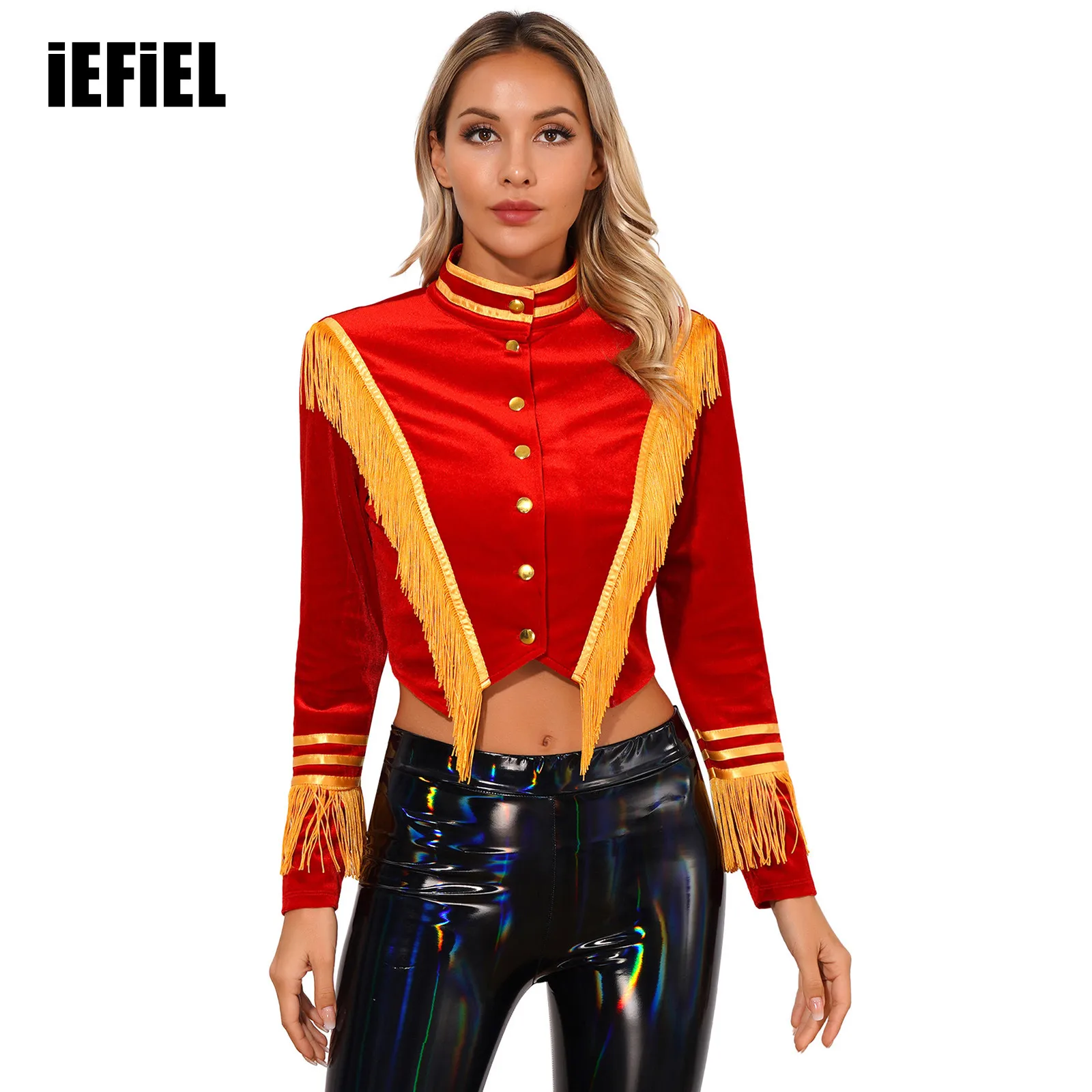 

Womens Halloween Ringmaster Velvet Outerwear Stand Collar Press Buttons Coat Tassel Stripe Pointed Hem Crop Jackets