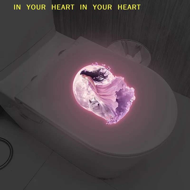 Wall Decal Self-Adhesive Removable Luminous Decals Glow-in-the-Dark Moonlight Fairy Wolf Toilet Sticker Toilet Lid Decoration
