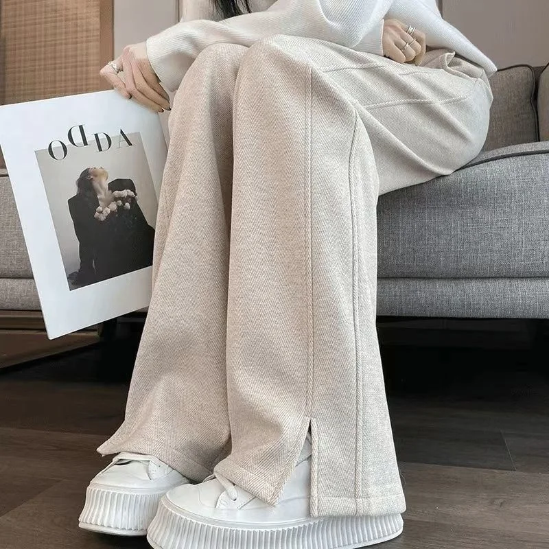 กางเกงขายาวผ้าฟลีซหนานุ่มทรงขากว้างสำหรับผู้หญิง ฤดูใบไม้ร่วง ฤดูหนาว ผ้าขนสัตว์ ทรงตรงผ่าข้าง รุ่นแคบ สไตล์ลำลอง ทรงกล้วย