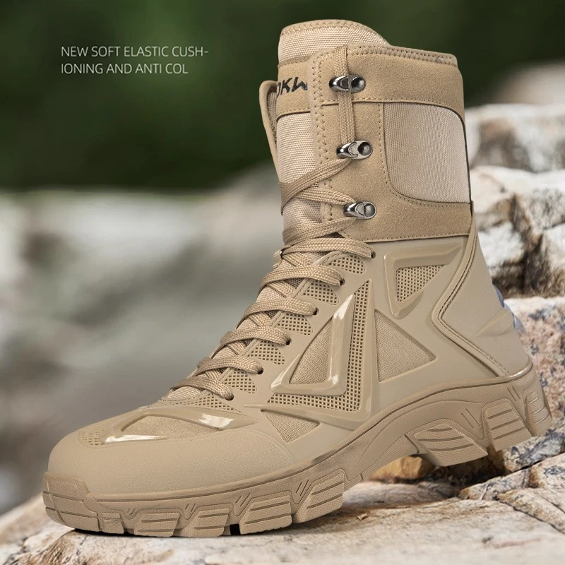 Men High Top Tactical Boots Breathable Mesh Non-slip Outdoor Hiking Trekking Boots Lightweight Lace Up Adventure Desert Boots