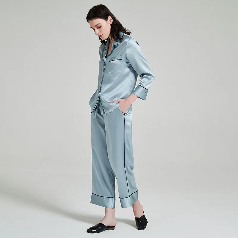 22 Momme 100% Mulberry Silk Pajama Set Women Lapel Long Sleeve Pants Luxury Real Silk Sleepwear Loungewear Two Piece Suit