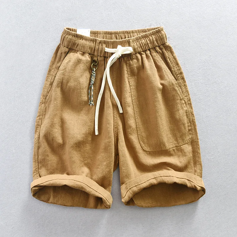 Summer Thin Ramie Shorts Men's Loose Waist Lace-up Casual Pants Linen Trousers Sugar Color Pants