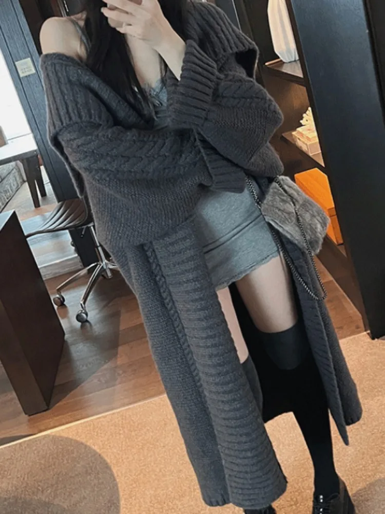 Large Lapel Long Sweater Cardigan Fried Dough Twists Coat Women Autumn Winter Loose Lazy Style Senior Quality Knitting Cardigan