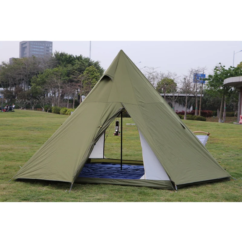 Glaming Teepee Outdoor Camping Tent 3-4 Person Cotton Pyramid 2 Layer Rainproof Black Coated Beach Travel Hiking Family Car Tent