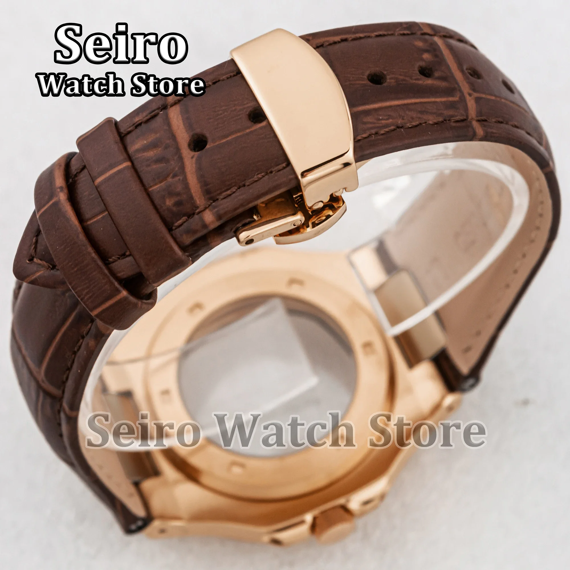 Rose Gold Nautilus NH35 Case Genuine Leather Strap Stainless Steel 100M Waterproof Sapphire Glass Screw Down for NH36 Movement - Image 3