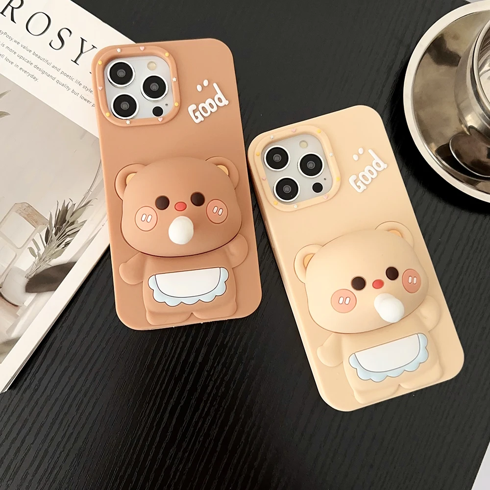 Cute 3D Cartoon Bubble Bear Relieve Stress Soft Silicone Cover Phone Case for iPhone 11 12 13 14 15 Pro Max