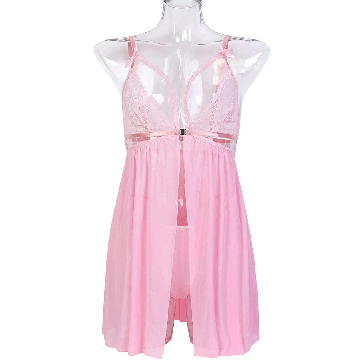 

Sexy Lingerie Set - White Sheer Mesh Babydoll Nightgown with G-String Panties, Seductive Two-Piece Sleepwear for Women