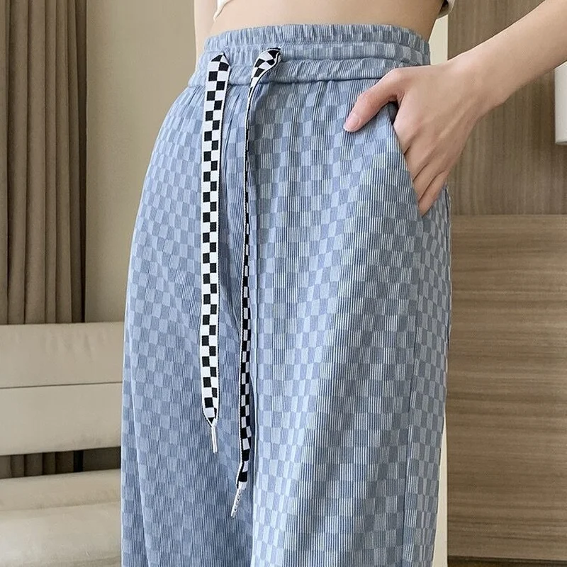 Summer Women\'s Plaid Checked Pants 2024 Fashion Ice Silk Trousers for Women High Waist Korean Style Wide Leg Palazzo Straight