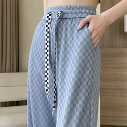 Summer Women's Plaid Checked Pants 2024 Fashion Ice Silk Trousers for Women High Waist Korean Style Wide Leg Palazzo Straight