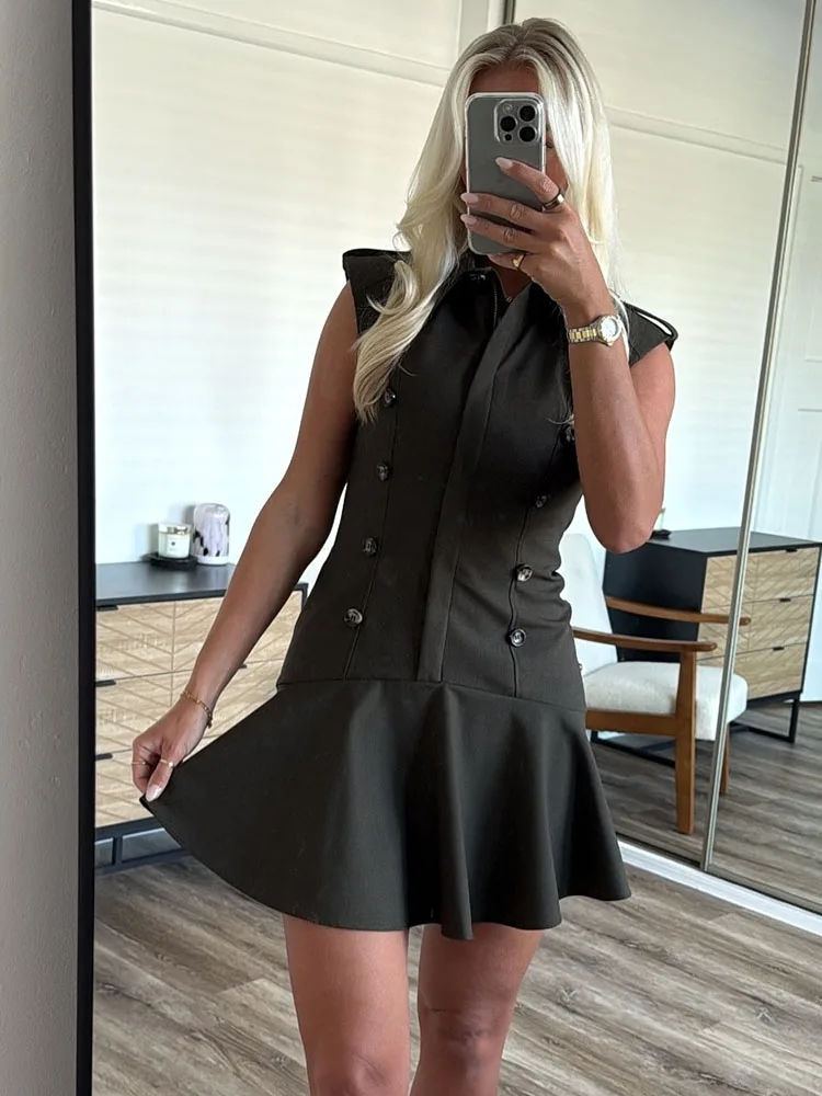 

HH Women 2026 Summer Fashion Lapel With Shoulder Pads Stacked Decorative Short Dress Female Elegant Sexy Sleeveless Mini Dress