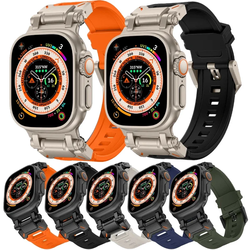 

Металлический ремешок с резиновыми вставками для Apple Watch Ultra 3, 2, 1, 49 мм, 11, 10, 46 мм, комплект для модификации, браслет для iWatch 9, 8, 7, 6, 5, SE, 45 мм, 44 мм, 42 мм