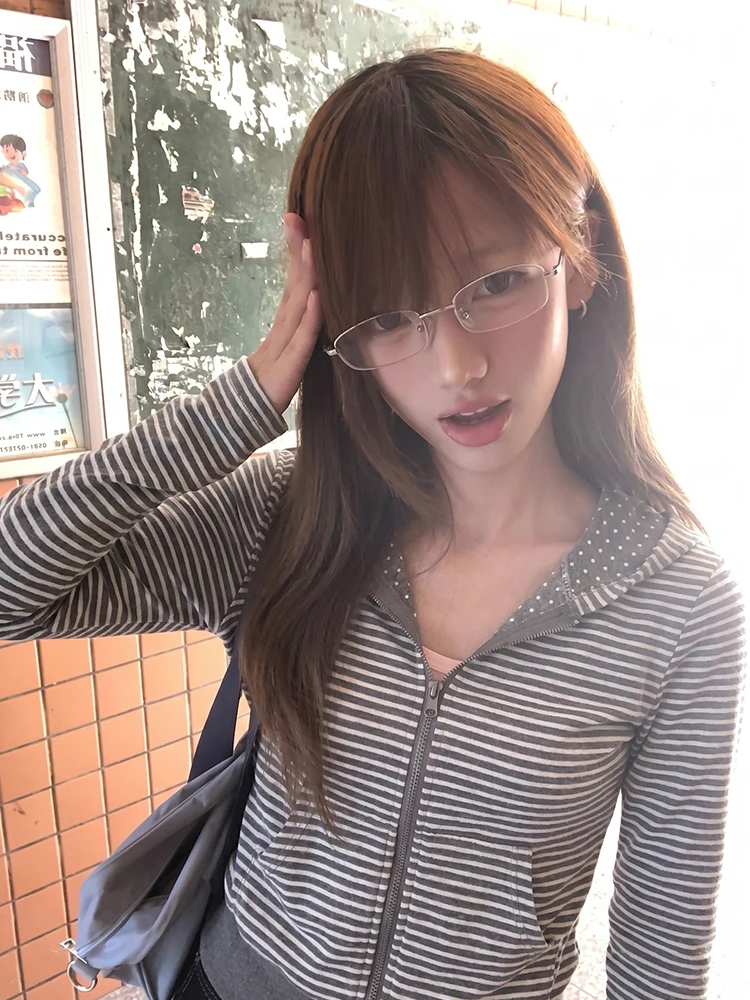 Tonngirls Y2k Japanische gestreifte Kapuzenpullover für Damen, langärmelig, Vintage-Oberteile, Streetwear, amerikanische Retro-Kapuzenpullover mit Reißverschluss, Fairycore 2000er Jahre – Detail 9