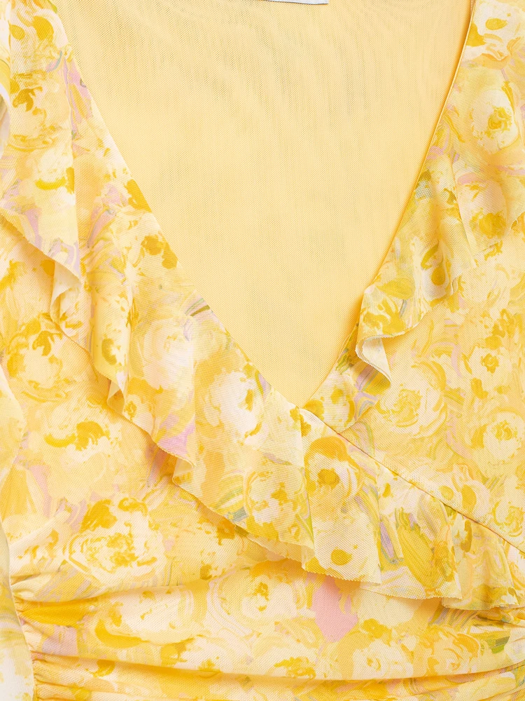 KAOPU ZA Women with ruffle draped printed tulle mini dress vintage v-neck sleeveless female dresses vestidos mujer