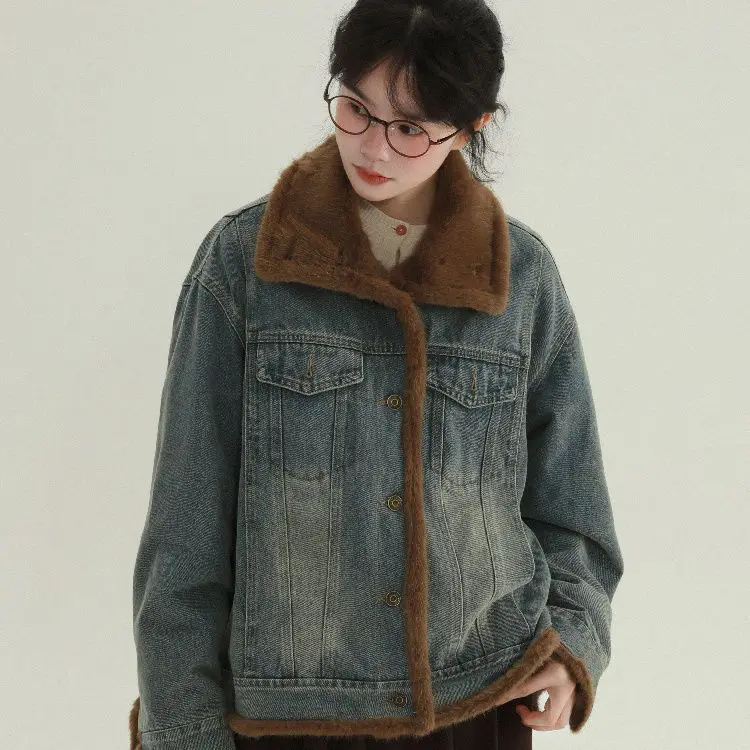 

Джинсовое пальто с леопардовым мехом, плюшевое женское зимнее двустороннее регулируемое пальто в стиле сарая, для отдыха, с капюшоном, на молнии, на подкладке на шнурке Y2K