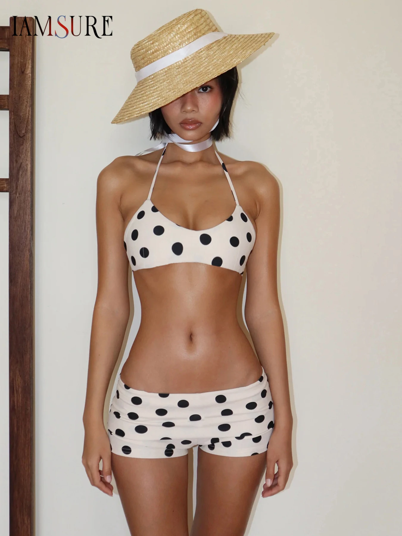 

IAMSURE Beach Style Dot Printed Bikini Set Holiday Sexy Slim 2 Piece Sets Bandage Slash Neck Sleeveless Low-Waisted Shorts Lady