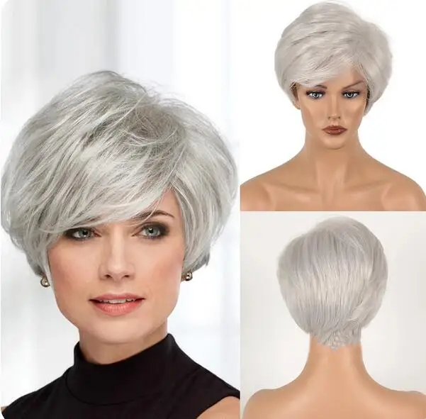 Silvery White Short Straight Wig Synthetic Fluffy Women Natural Haircut Hair Wig for Daily Party Cosplay